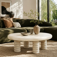 Jesina 44 Inch Round Coffee Table, Antique White Mango Wood, Stacked Beaded Legs - UPT-350765