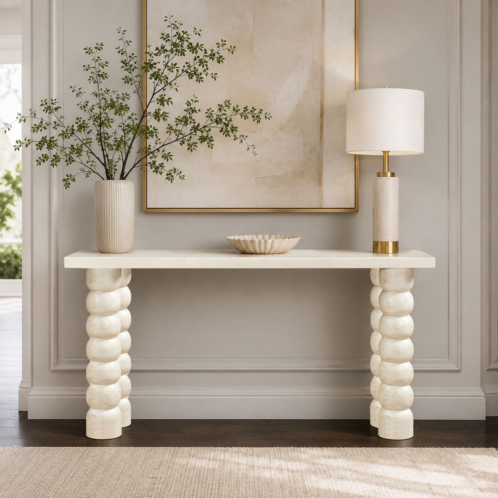 Jesina 69 Inch Sofa Console Table, Antique White Mango Wood, Stacked Beaded Legs - UPT-350766