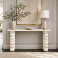 Jesina 69 Inch Sofa Console Table, Antique White Mango Wood, Stacked Beaded Legs - UPT-350766