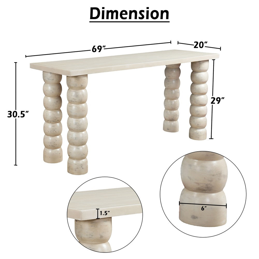 Jesina 69 Inch Sofa Console Table, Antique White Mango Wood, Stacked Beaded Legs - UPT-350766