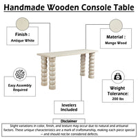Jesina 69 Inch Sofa Console Table, Antique White Mango Wood, Stacked Beaded Legs - UPT-350766