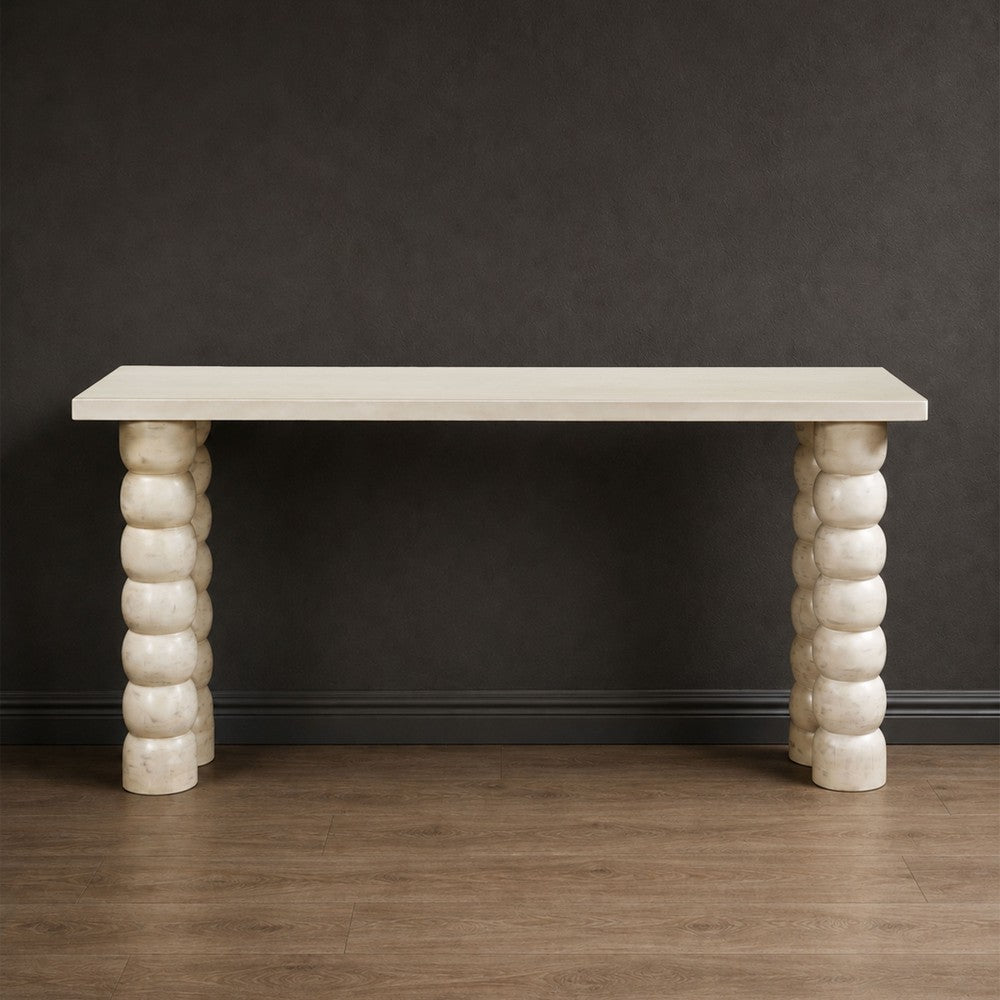 Jesina 69 Inch Sofa Console Table, Antique White Mango Wood, Stacked Beaded Legs - UPT-350766