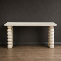Jesina 69 Inch Sofa Console Table, Antique White Mango Wood, Stacked Beaded Legs - UPT-350766