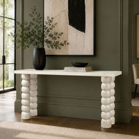 Jesina 69 Inch Sofa Console Table, Antique White Mango Wood, Stacked Beaded Legs - UPT-350766