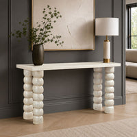 Jesina 69 Inch Sofa Console Table, Antique White Mango Wood, Stacked Beaded Legs - UPT-350766
