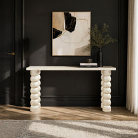 Jesina 69 Inch Sofa Console Table, Antique White Mango Wood, Stacked Beaded Legs - UPT-350766