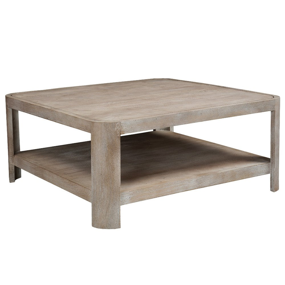 Resa 38 Inch Square Coffee Table with Shelf, Sandblasted Finish, Distressed Brown Mango Wood - UPT-350767
