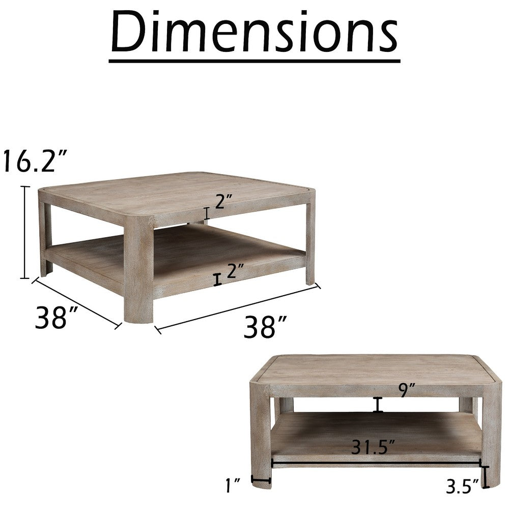 Resa 38 Inch Square Coffee Table with Shelf, Sandblasted Finish, Distressed Brown Mango Wood - UPT-350767