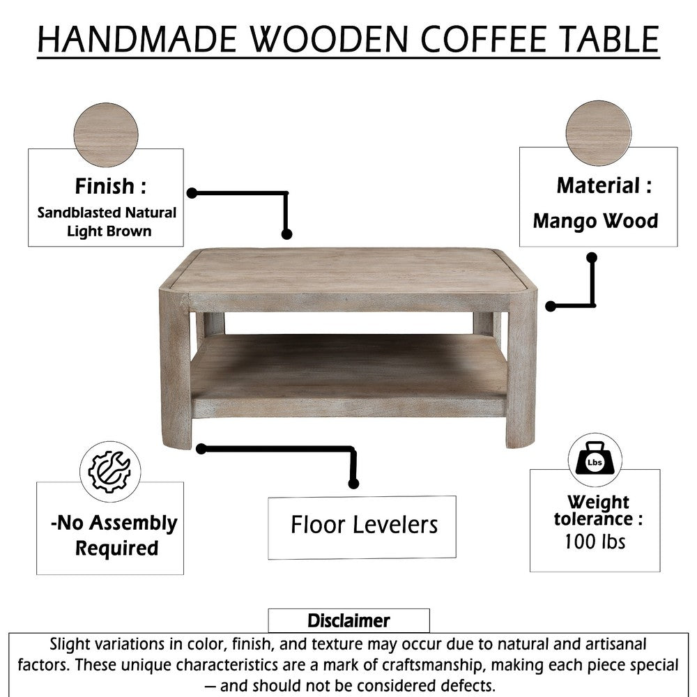 Resa 38 Inch Square Coffee Table with Shelf, Sandblasted Finish, Distressed Brown Mango Wood - UPT-350767