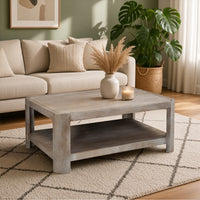Resa 38 Inch Square Coffee Table with Shelf, Sandblasted Finish, Distressed Brown Mango Wood - UPT-350767