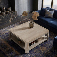 Resa 38 Inch Square Coffee Table with Shelf, Sandblasted Finish, Distressed Brown Mango Wood - UPT-350767