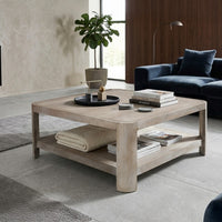 Resa 38 Inch Square Coffee Table with Shelf, Sandblasted Finish, Distressed Brown Mango Wood - UPT-350767