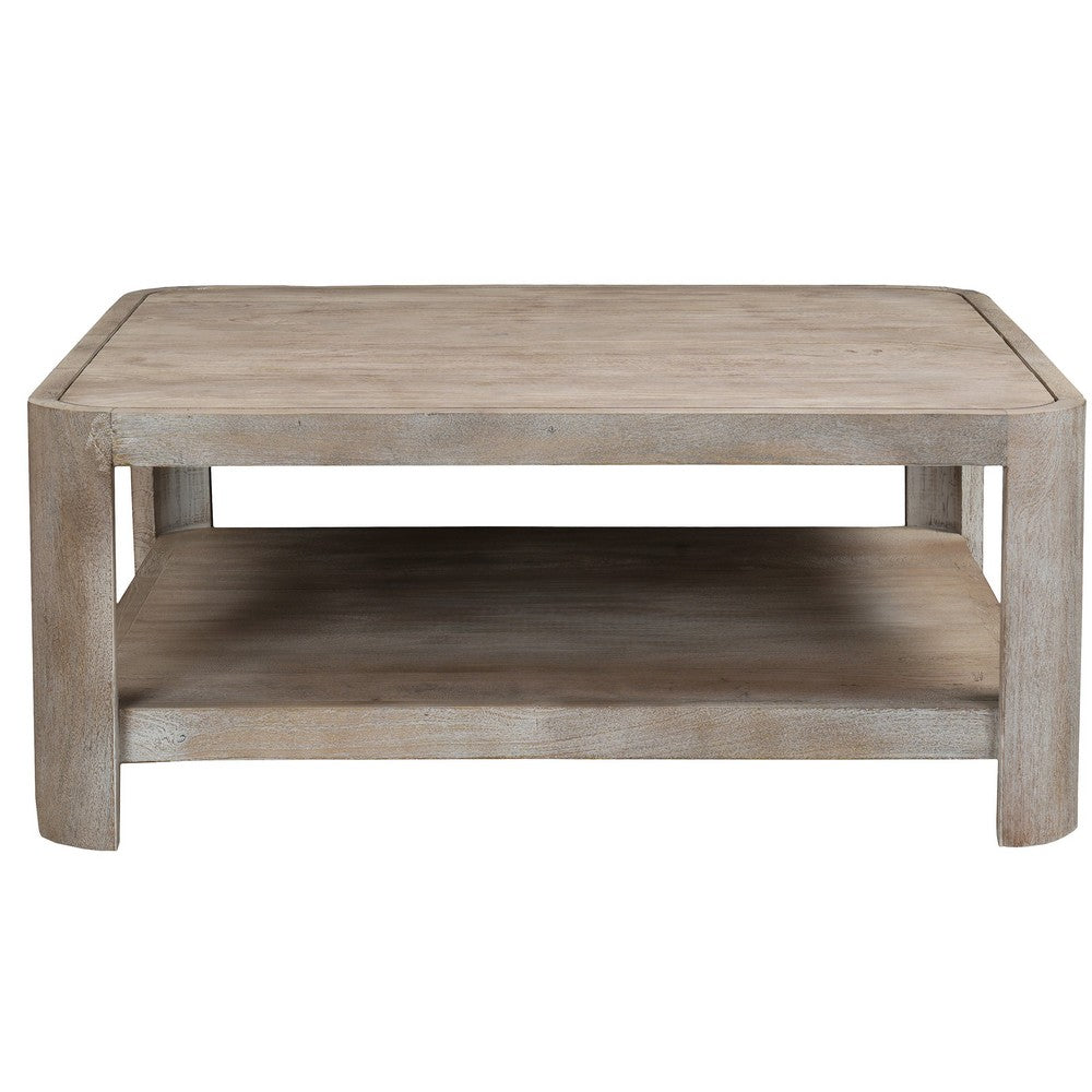 Resa 38 Inch Square Coffee Table with Shelf, Sandblasted Finish, Distressed Brown Mango Wood - UPT-350767