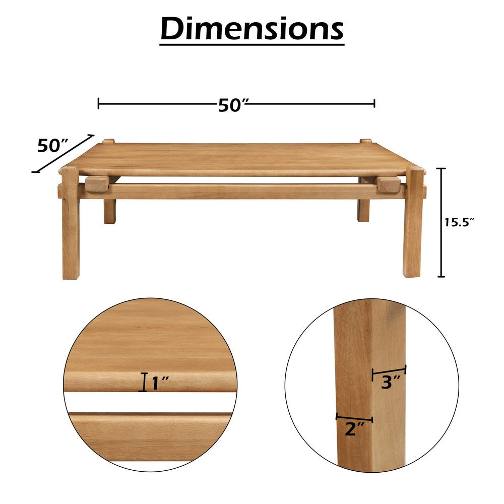 Hina 50 Inch Square Coffee Table, Exposed Joinery, Natural Brown Mango Wood, Japandi Style - UPT-350768