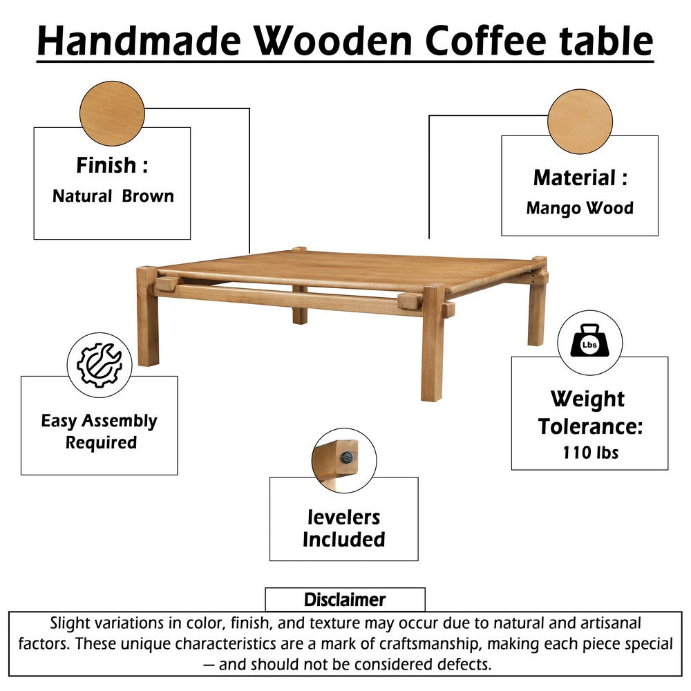 Hina 50 Inch Square Coffee Table, Exposed Joinery, Natural Brown Mango Wood, Japandi Style - UPT-350768