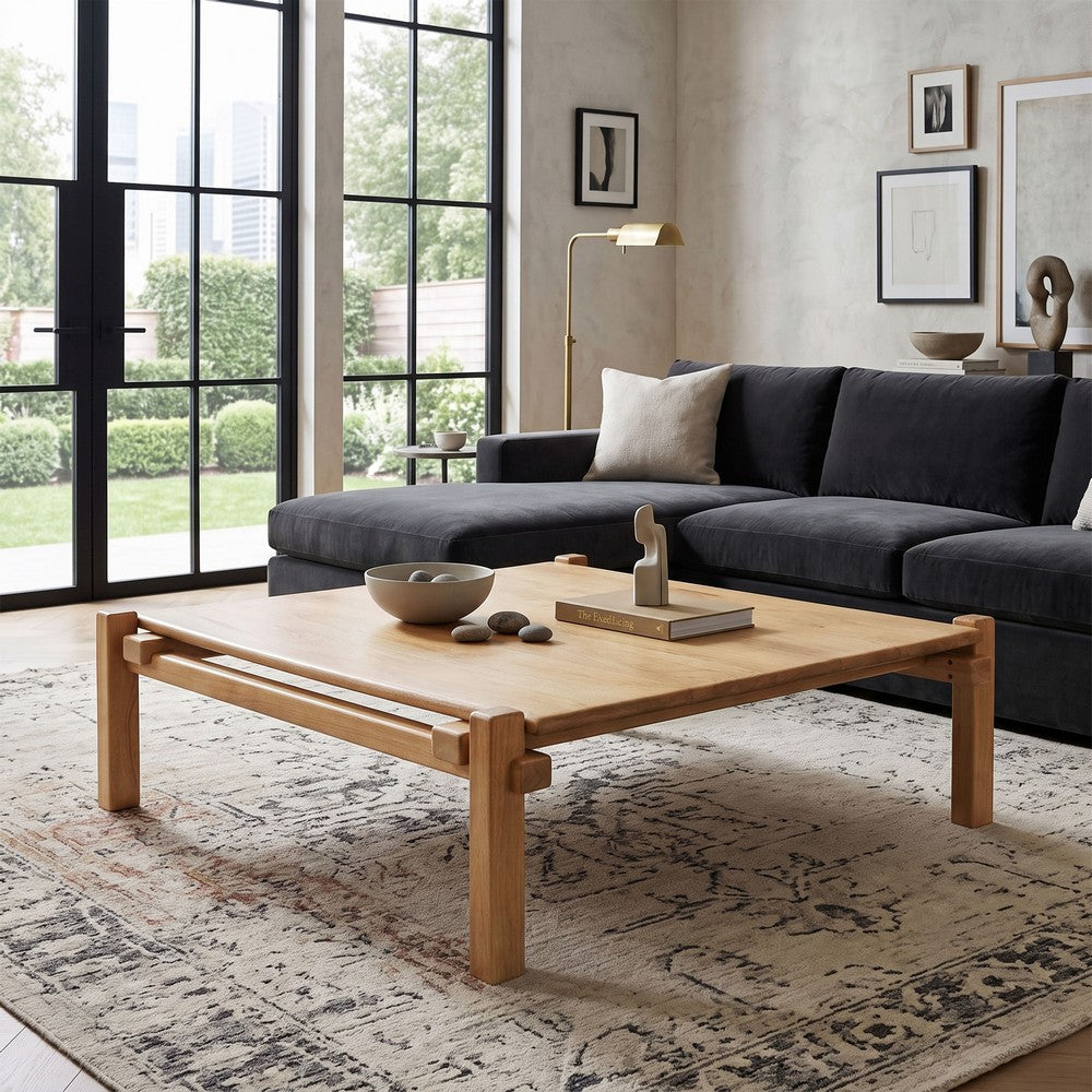 Hina 50 Inch Square Coffee Table, Exposed Joinery, Natural Brown Mango Wood, Japandi Style - UPT-350768