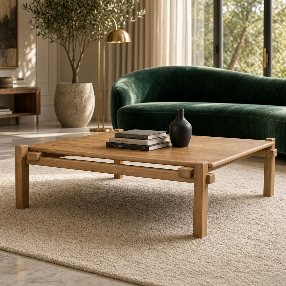 Hina 50 Inch Square Coffee Table, Exposed Joinery, Natural Brown Mango Wood, Japandi Style - UPT-350768