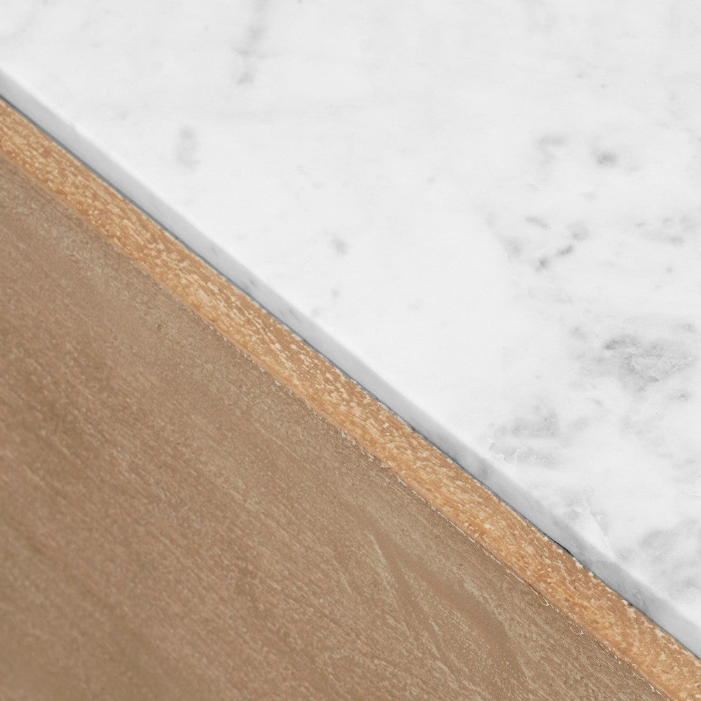 Joi 38 Inch Square Coffee Table, Real White Marble Top, Solid Mango Wood Base, Sandblasted Light Brown - UPT-350832