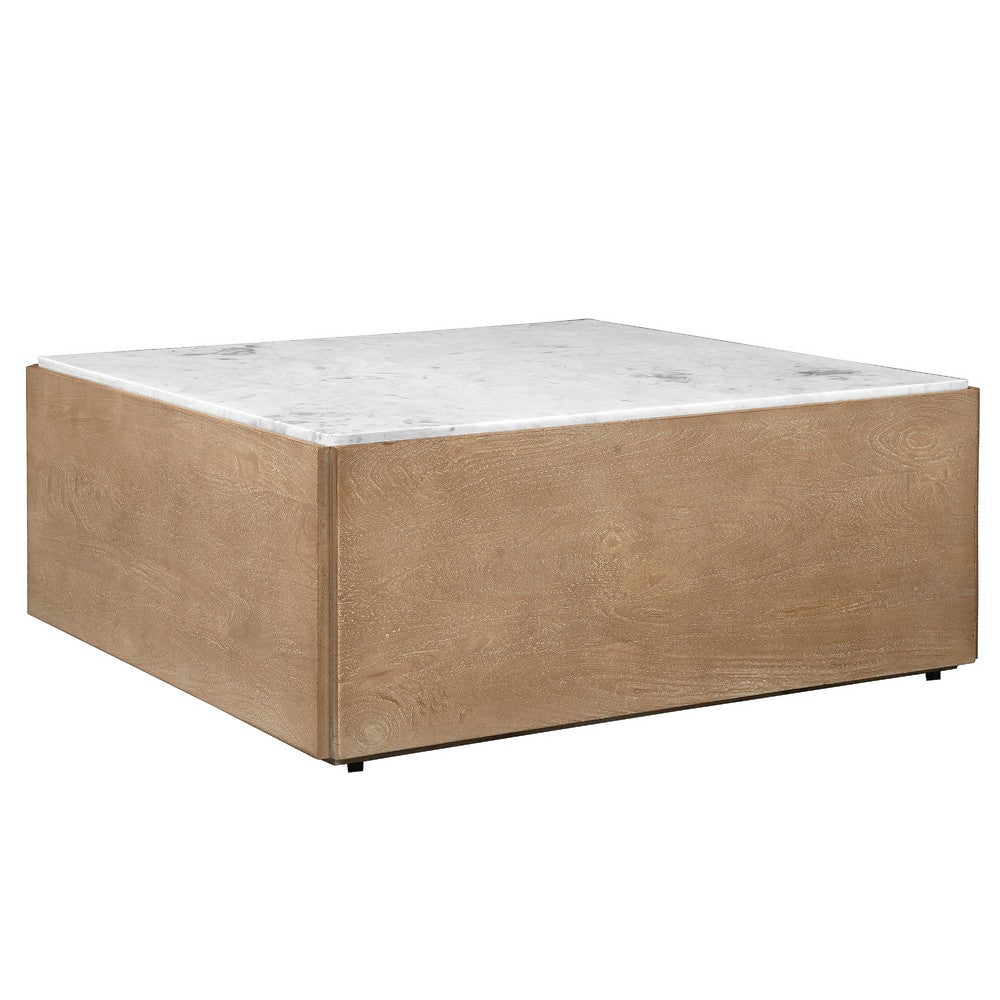 Joi 38 Inch Square Coffee Table, Real White Marble Top, Solid Mango Wood Base, Sandblasted Light Brown - UPT-350832