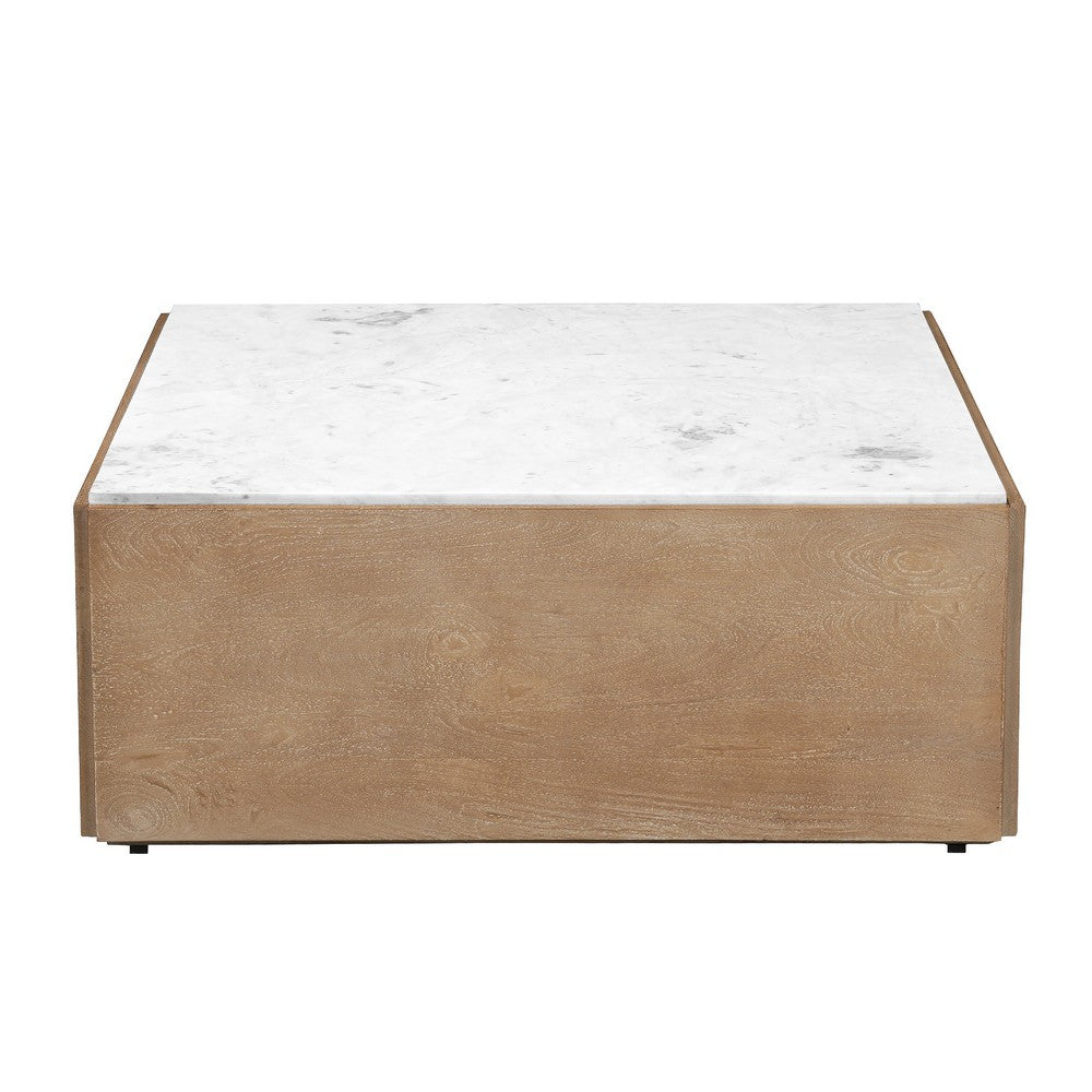 Joi 38 Inch Square Coffee Table, Real White Marble Top, Solid Mango Wood Base, Sandblasted Light Brown - UPT-350832