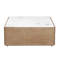 Joi 38 Inch Square Coffee Table, Real White Marble Top, Solid Mango Wood Base, Sandblasted Light Brown - UPT-350832