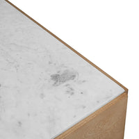 Joi 38 Inch Square Coffee Table, Real White Marble Top, Solid Mango Wood Base, Sandblasted Light Brown - UPT-350832