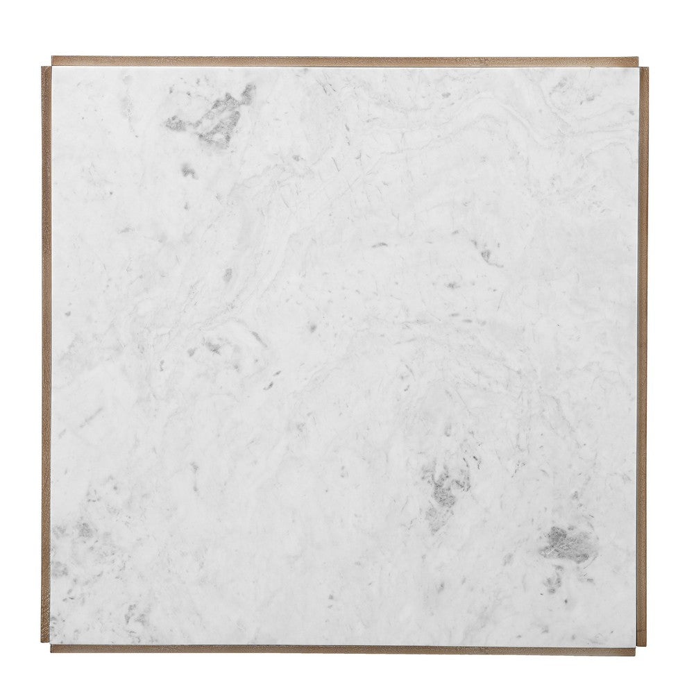 Joi 38 Inch Square Coffee Table, Real White Marble Top, Solid Mango Wood Base, Sandblasted Light Brown - UPT-350832