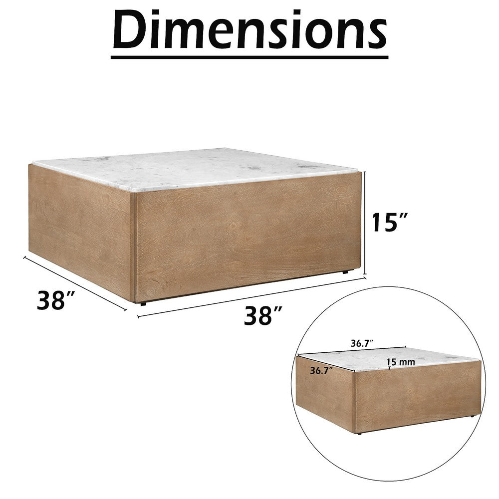 Joi 38 Inch Square Coffee Table, Real White Marble Top, Solid Mango Wood Base, Sandblasted Light Brown - UPT-350832