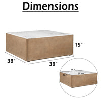 Joi 38 Inch Square Coffee Table, Real White Marble Top, Solid Mango Wood Base, Sandblasted Light Brown - UPT-350832