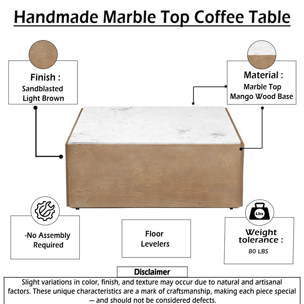 Joi 38 Inch Square Coffee Table, Real White Marble Top, Solid Mango Wood Base, Sandblasted Light Brown - UPT-350832