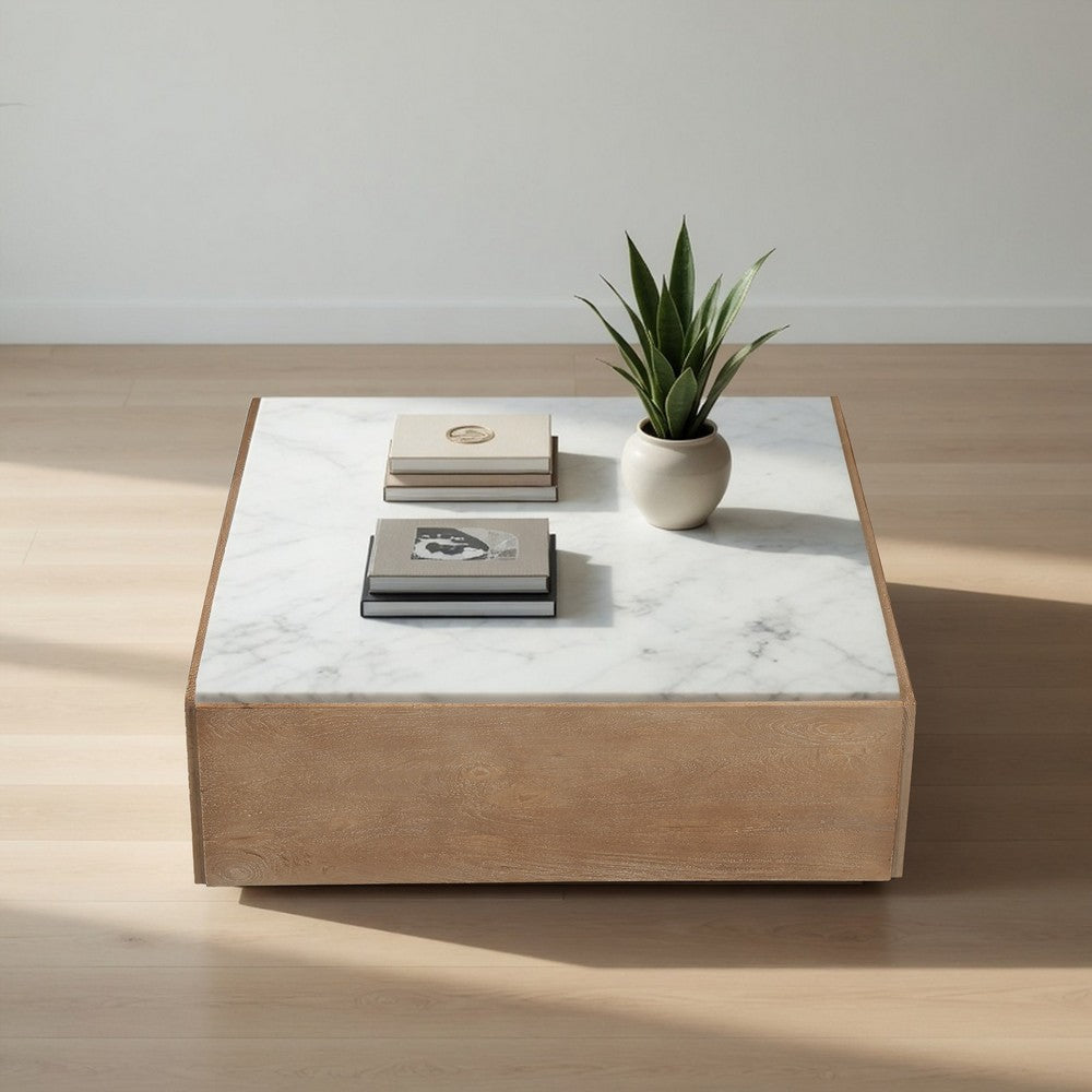 Joi 38 Inch Square Coffee Table, Real White Marble Top, Solid Mango Wood Base, Sandblasted Light Brown - UPT-350832