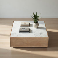 Joi 38 Inch Square Coffee Table, Real White Marble Top, Solid Mango Wood Base, Sandblasted Light Brown - UPT-350832