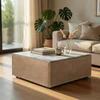 Joi 38 Inch Square Coffee Table, Real White Marble Top, Solid Mango Wood Base, Sandblasted Light Brown - UPT-350832