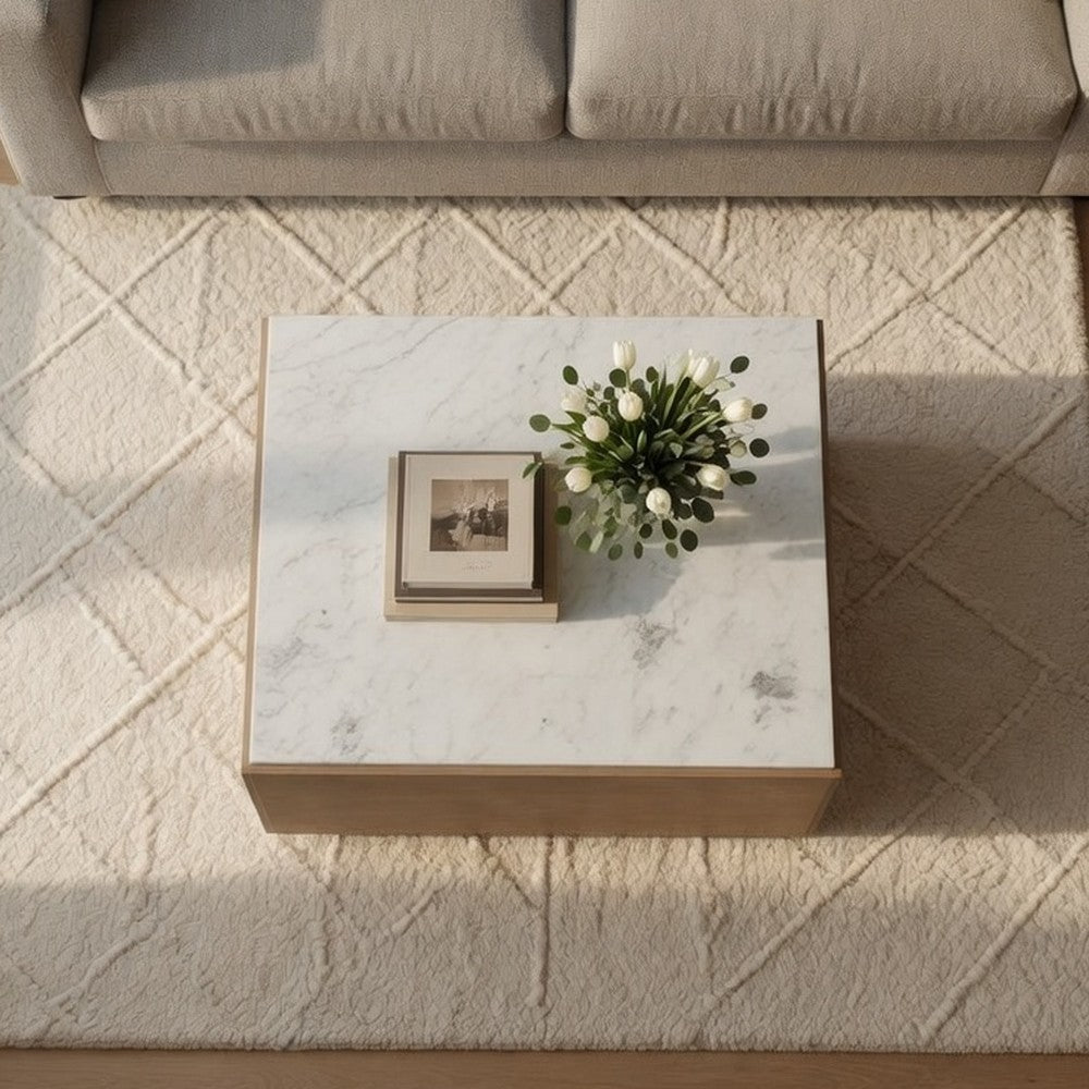 Joi 38 Inch Square Coffee Table, Real White Marble Top, Solid Mango Wood Base, Sandblasted Light Brown - UPT-350832