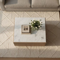 Joi 38 Inch Square Coffee Table, Real White Marble Top, Solid Mango Wood Base, Sandblasted Light Brown - UPT-350832