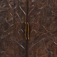 Suzi 4 Door Sideboard Buffet Cabinet, Antique Brass Handles, Handcarved Floral Motifs, Brown Mango Wood, 60 Inch - UPT-350833