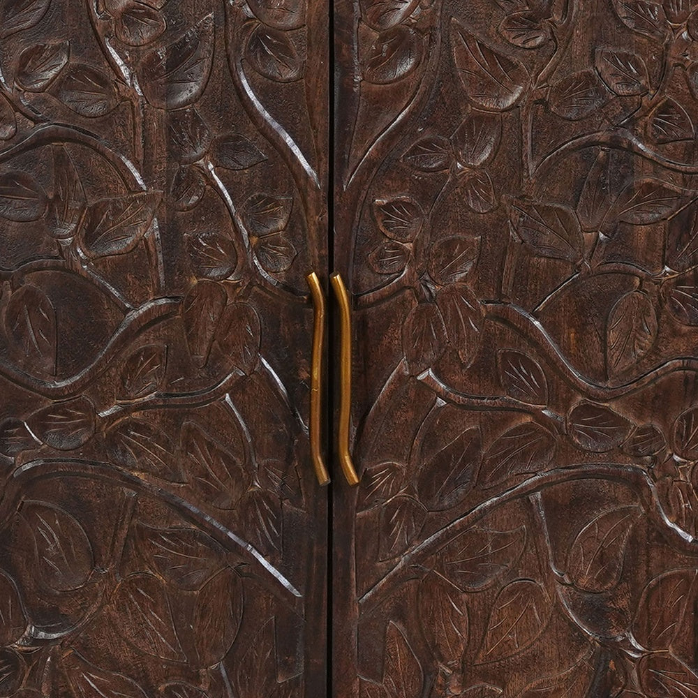 Suzi 4 Door Sideboard Buffet Cabinet, Antique Brass Handles, Handcarved Floral Motifs, Brown Mango Wood, 60 Inch - UPT-350833