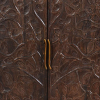 Suzi 4 Door Sideboard Buffet Cabinet, Antique Brass Handles, Handcarved Floral Motifs, Brown Mango Wood, 60 Inch - UPT-350833