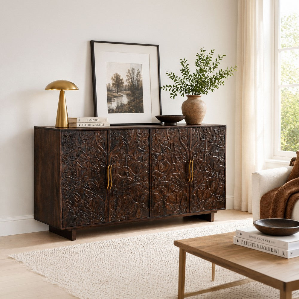 Suzi 4 Door Sideboard Buffet Cabinet, Antique Brass Handles, Handcarved Floral Motifs, Brown Mango Wood, 60 Inch - UPT-350833