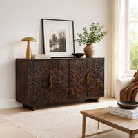 Suzi 4 Door Sideboard Buffet Cabinet, Antique Brass Handles, Handcarved Floral Motifs, Brown Mango Wood, 60 Inch - UPT-350833