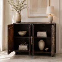 Suzi 4 Door Sideboard Buffet Cabinet, Antique Brass Handles, Handcarved Floral Motifs, Brown Mango Wood, 60 Inch - UPT-350833