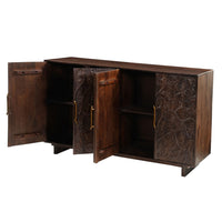 Suzi 4 Door Sideboard Buffet Cabinet, Antique Brass Handles, Handcarved Floral Motifs, Brown Mango Wood, 60 Inch - UPT-350833