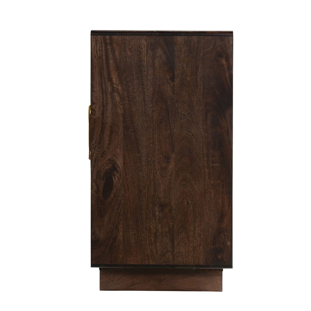 Suzi 4 Door Sideboard Buffet Cabinet, Antique Brass Handles, Handcarved Floral Motifs, Brown Mango Wood, 60 Inch - UPT-350833