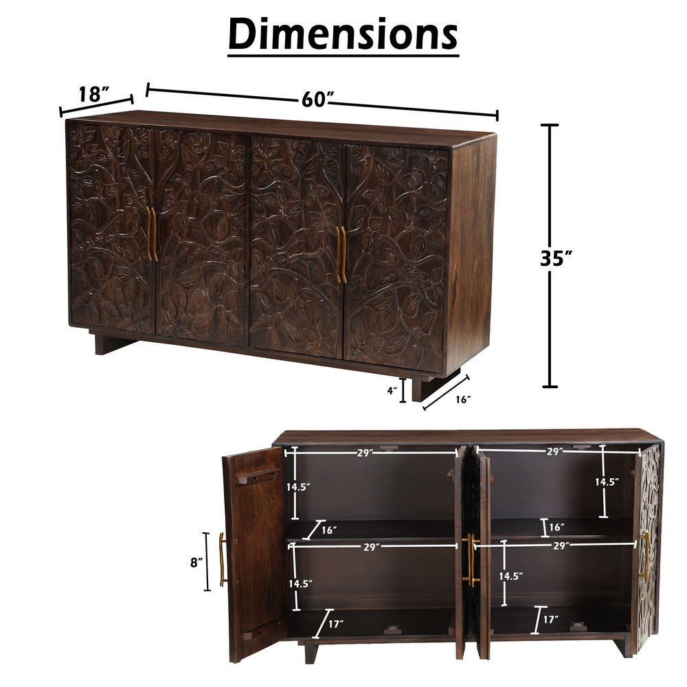 Suzi 4 Door Sideboard Buffet Cabinet, Antique Brass Handles, Handcarved Floral Motifs, Brown Mango Wood, 60 Inch - UPT-350833