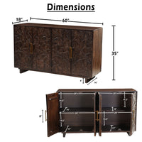 Suzi 4 Door Sideboard Buffet Cabinet, Antique Brass Handles, Handcarved Floral Motifs, Brown Mango Wood, 60 Inch - UPT-350833