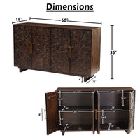 Suzi 4 Door Sideboard Buffet Cabinet, Antique Brass Handles, Handcarved Floral Motifs, Brown Mango Wood, 60 Inch - UPT-350833