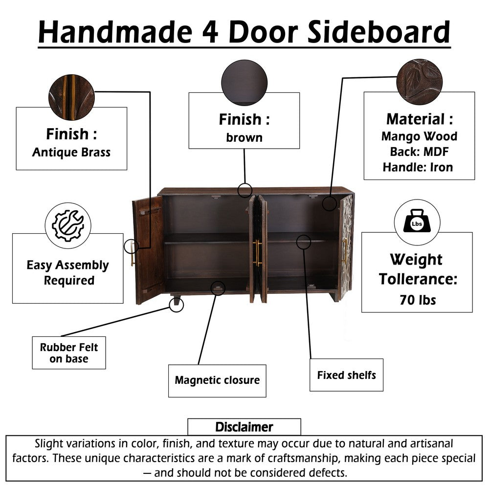 Suzi 4 Door Sideboard Buffet Cabinet, Antique Brass Handles, Handcarved Floral Motifs, Brown Mango Wood, 60 Inch - UPT-350833