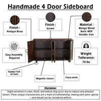 Suzi 4 Door Sideboard Buffet Cabinet, Antique Brass Handles, Handcarved Floral Motifs, Brown Mango Wood, 60 Inch - UPT-350833