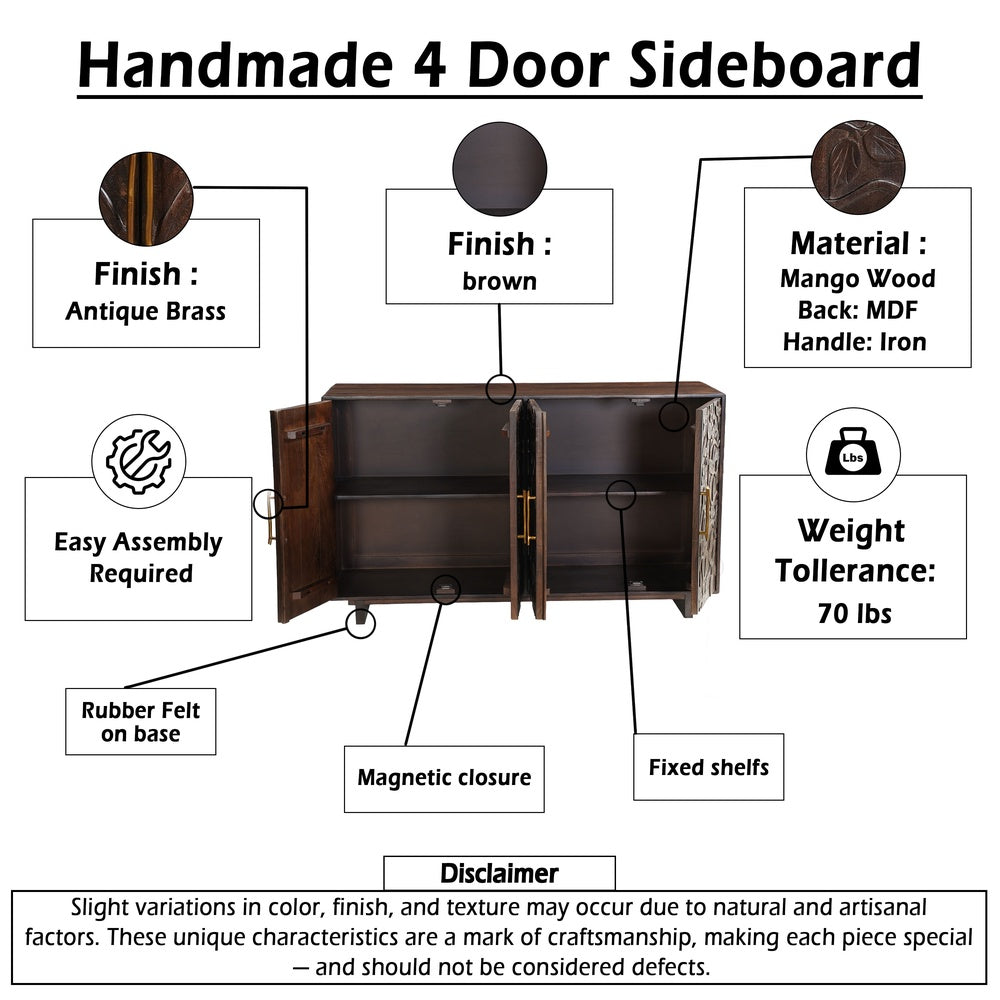 Suzi 4 Door Sideboard Buffet Cabinet, Antique Brass Handles, Handcarved Floral Motifs, Brown Mango Wood, 60 Inch - UPT-350833