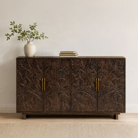 Suzi 4 Door Sideboard Buffet Cabinet, Antique Brass Handles, Handcarved Floral Motifs, Brown Mango Wood, 60 Inch - UPT-350833